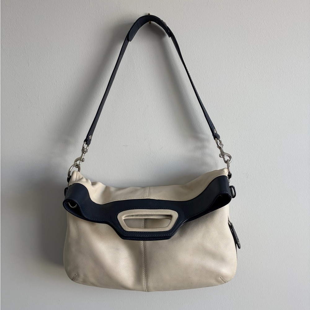 COACH Vintage Cream Navy Blue Leather Fold Over Hobo Shoulder Bag Bonnie